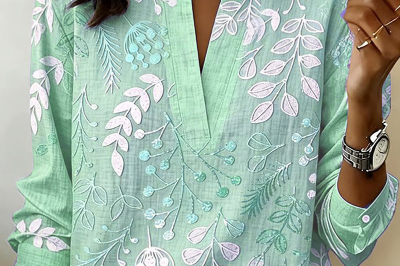 Fidelma - Women's Leaf Embroidered V-Neck Blouse
