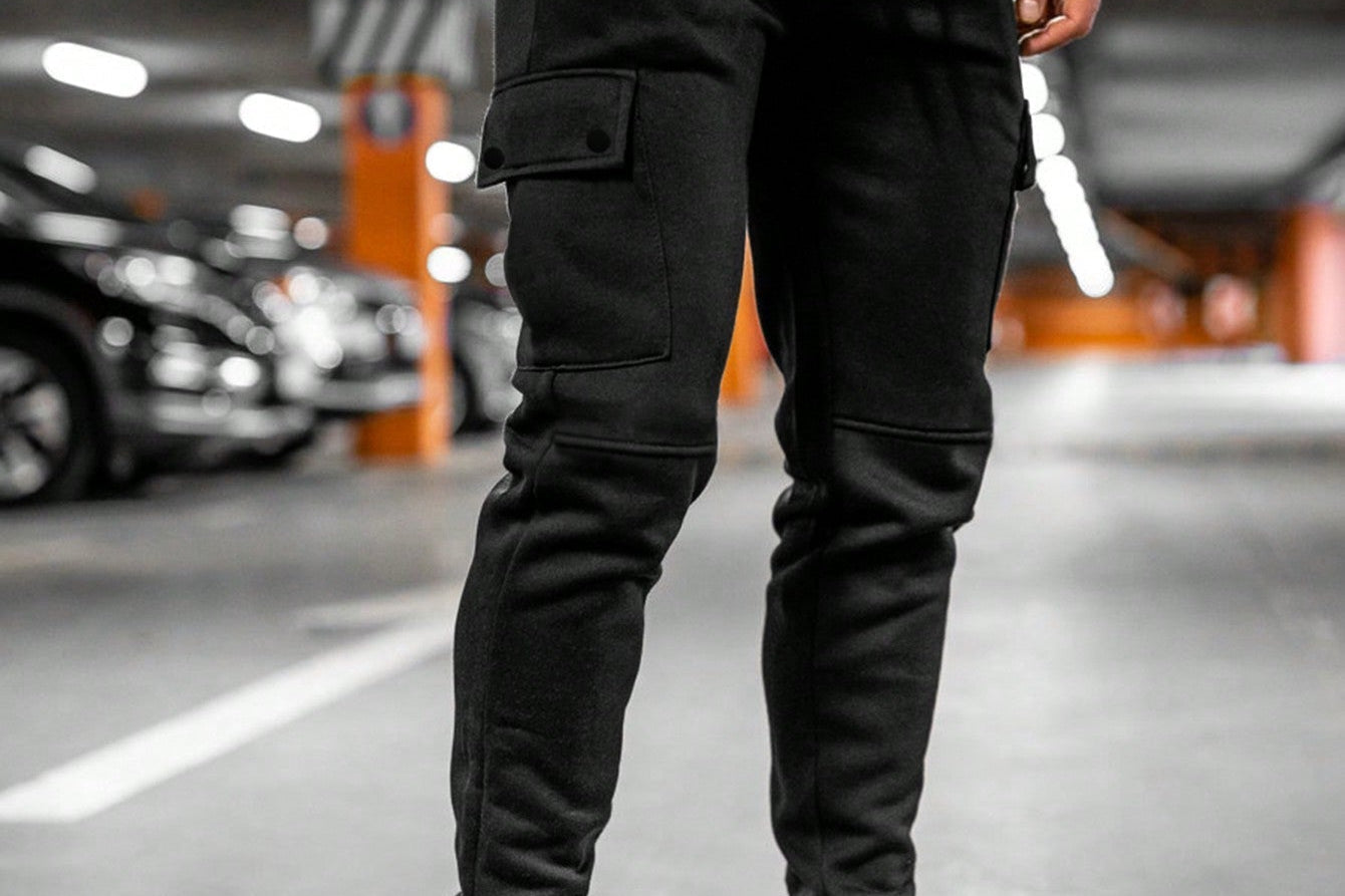 Calder - Men's Cargo Jogger Trousers with Drawstring Waist - Black