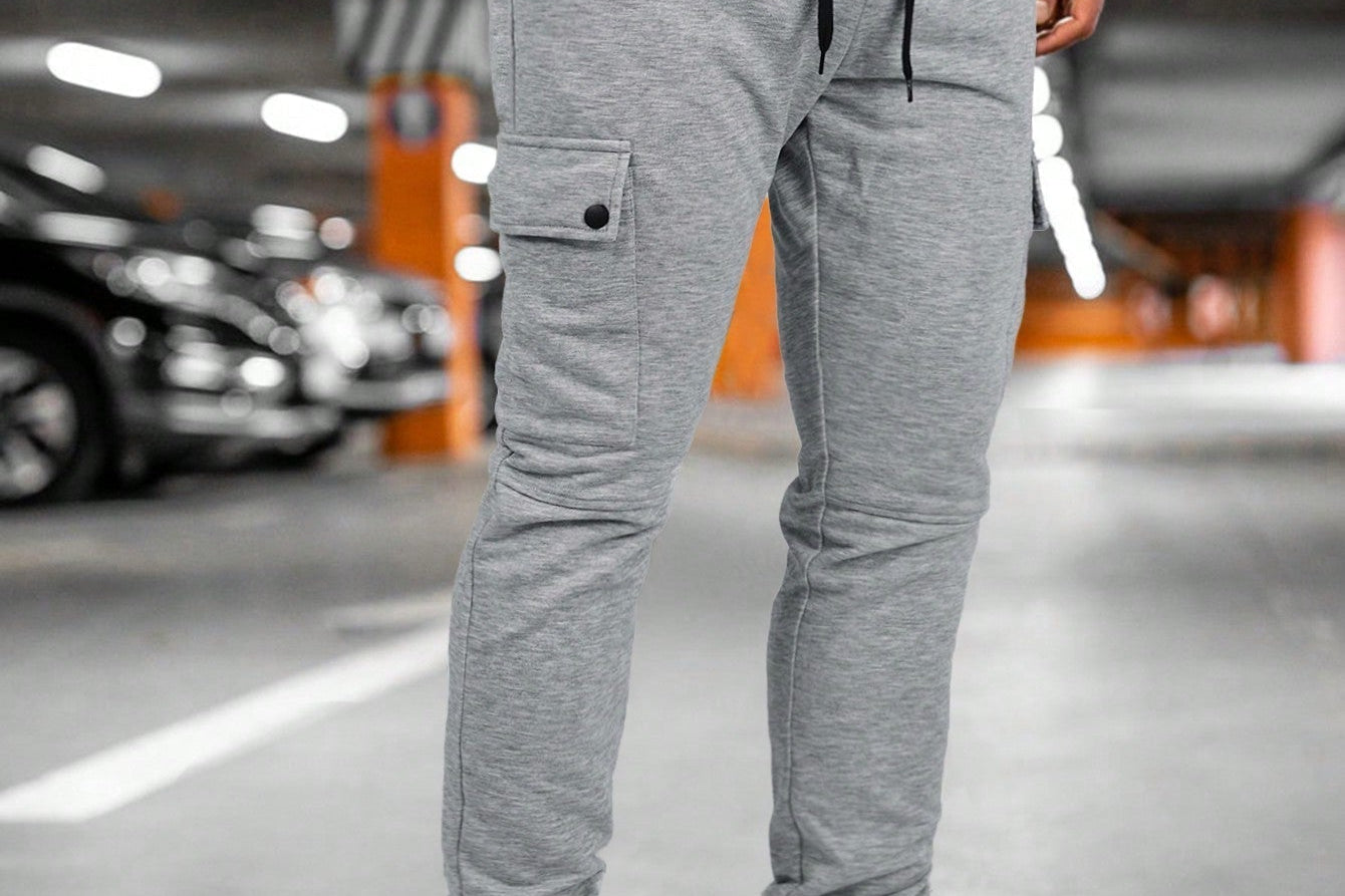 Calder - Men's Cargo Jogger Trousers with Drawstring Waist - Light Gray