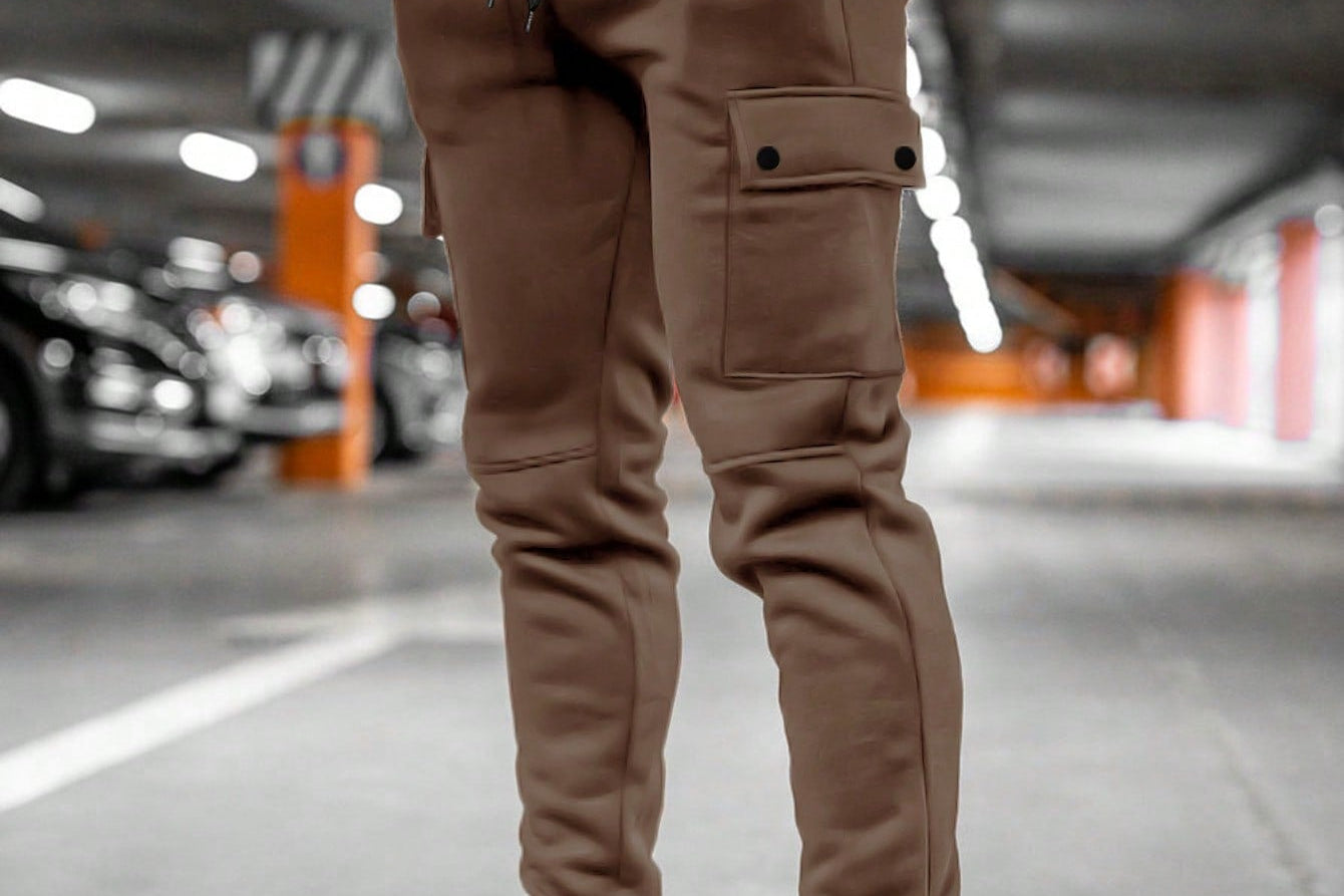 Calder - Men's Cargo Jogger Trousers with Drawstring Waist - Brown