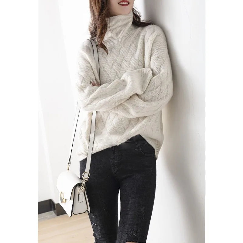 Calla - Women's Woven Pattern Turtleneck Sweater