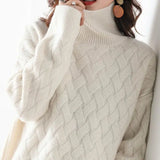 Calla - Women's Woven Pattern Turtleneck Sweater - Beige