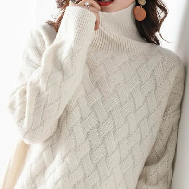 Calla - Women's Woven Pattern Turtleneck Sweater - Beige