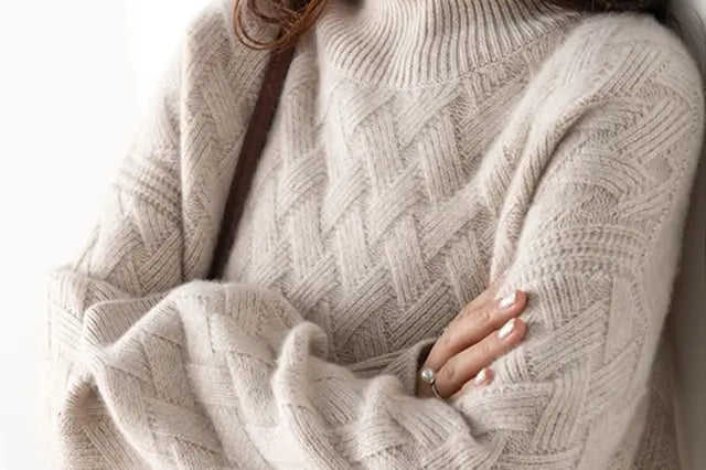 Calla - Women's Woven Pattern Turtleneck Sweater - Camel