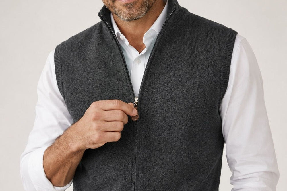 Cameron - Men's Full Zip Knit Vest with Side Pockets - Charcoal Gray