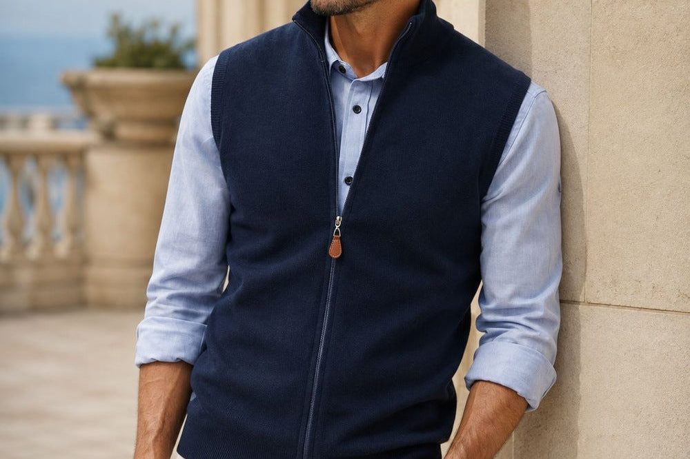 Cameron - Men's Full Zip Knit Vest with Side Pockets - Navy