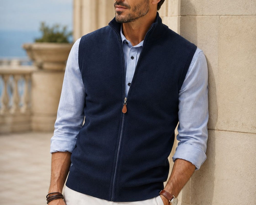 Cameron - Men's Full Zip Knit Vest with Side Pockets - Navy