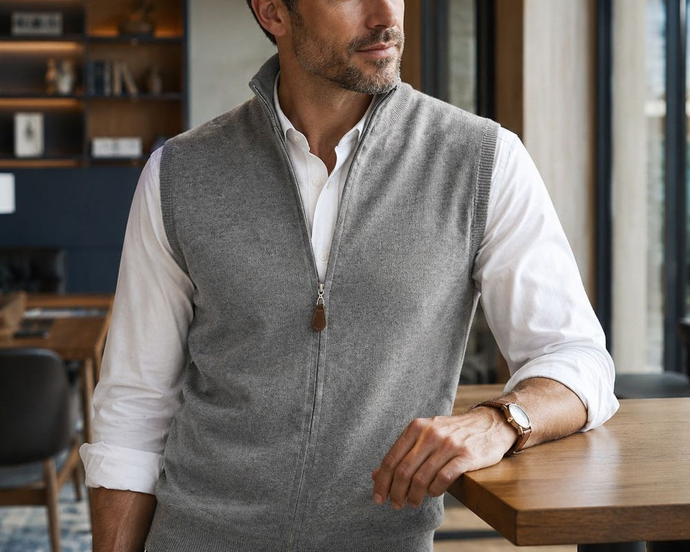 Cameron - Men's Full Zip Knit Vest with Side Pockets - Ash Gray