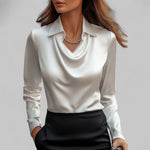 Carlene - Women's Draped Neck Long Sleeve Satin Blouse - White