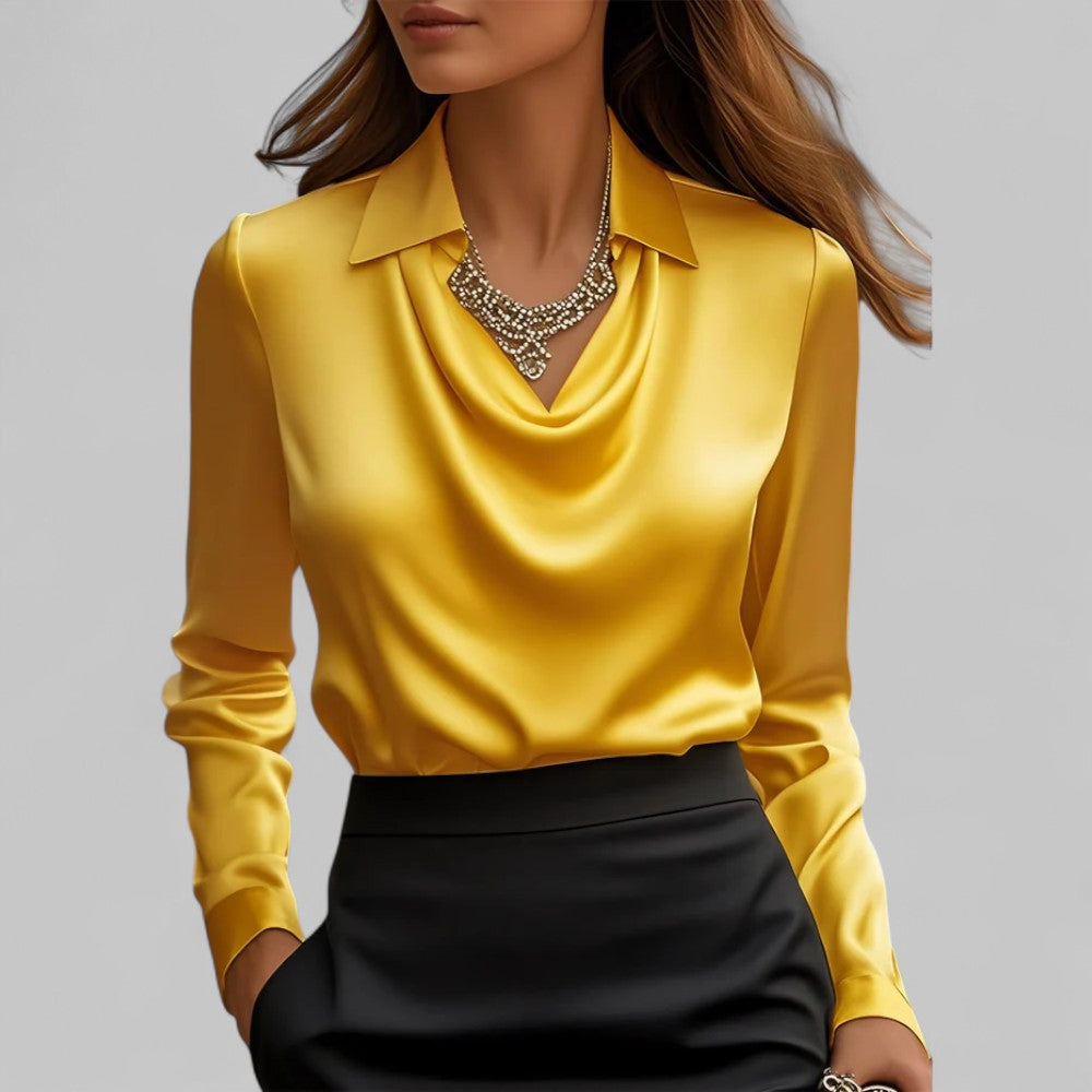 Carlene - Women's Draped Neck Long Sleeve Satin Blouse - Yellow