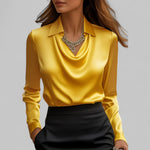 Carlene - Women's Draped Neck Long Sleeve Satin Blouse - Yellow