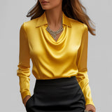 Carlene - Women's Draped Neck Long Sleeve Satin Blouse - Yellow
