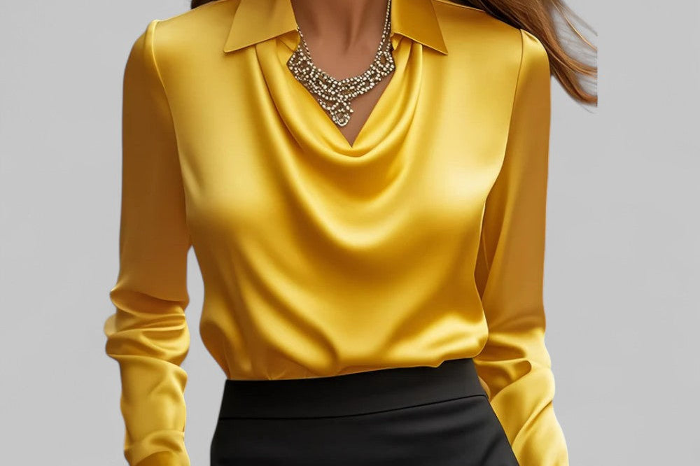 Carlene - Women's Draped Neck Long Sleeve Satin Blouse - Yellow