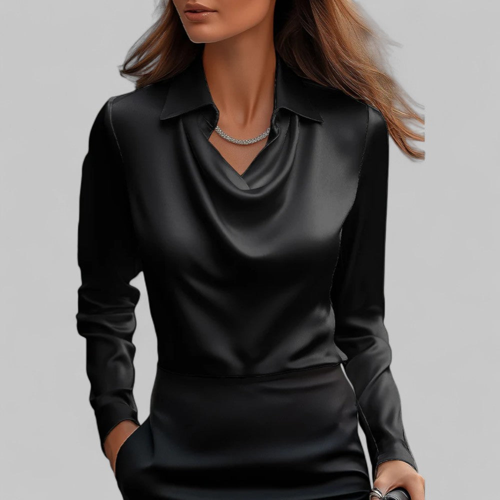 Carlene - Women's Draped Neck Long Sleeve Satin Blouse - Black