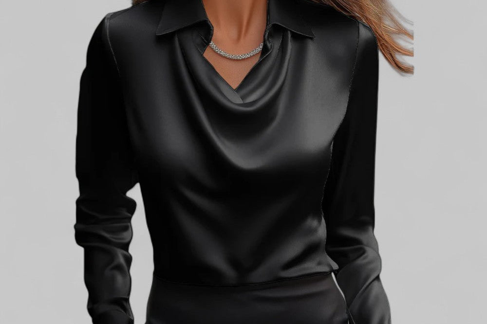 Carlene - Women's Draped Neck Long Sleeve Satin Blouse - Black