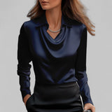 Carlene - Women's Draped Neck Long Sleeve Satin Blouse - Navy