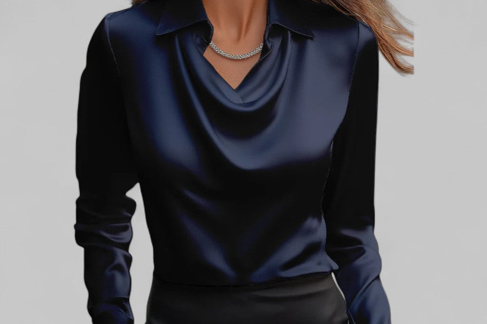 Carlene - Women's Draped Neck Long Sleeve Satin Blouse - Navy