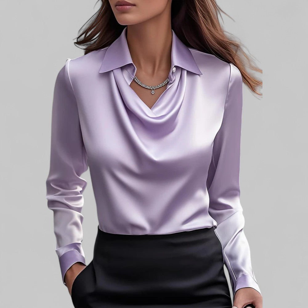 Carlene - Women's Draped Neck Long Sleeve Satin Blouse - Purple