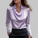 Carlene - Women's Draped Neck Long Sleeve Satin Blouse - Purple