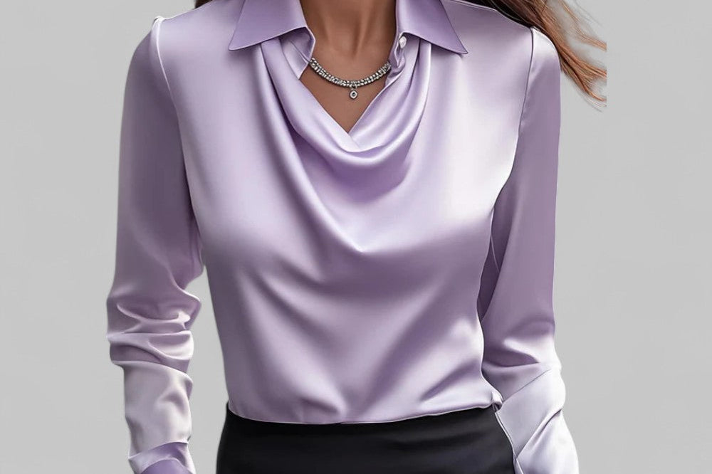 Carlene - Women's Draped Neck Long Sleeve Satin Blouse - Purple