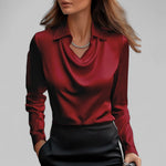 Carlene - Women's Draped Neck Long Sleeve Satin Blouse - Red