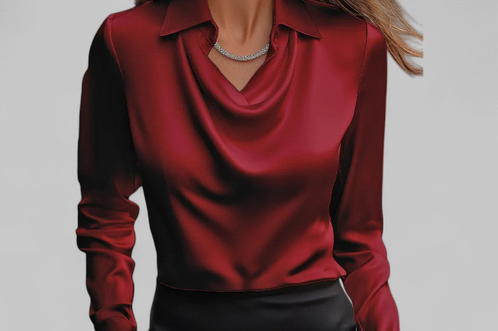 Carlene - Women's Draped Neck Long Sleeve Satin Blouse - Red
