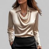 Carlene - Women's Draped Neck Long Sleeve Satin Blouse - Apricot