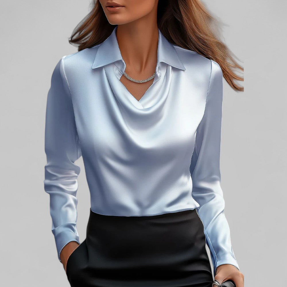 Carlene - Women's Draped Neck Long Sleeve Satin Blouse - Blue