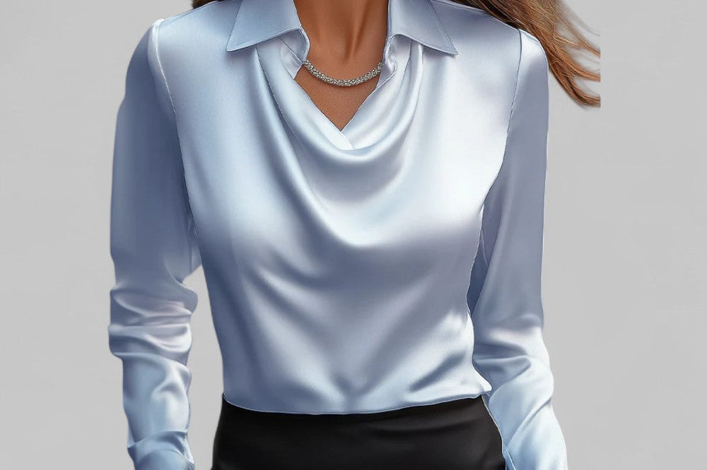 Carlene - Women's Draped Neck Long Sleeve Satin Blouse - Blue