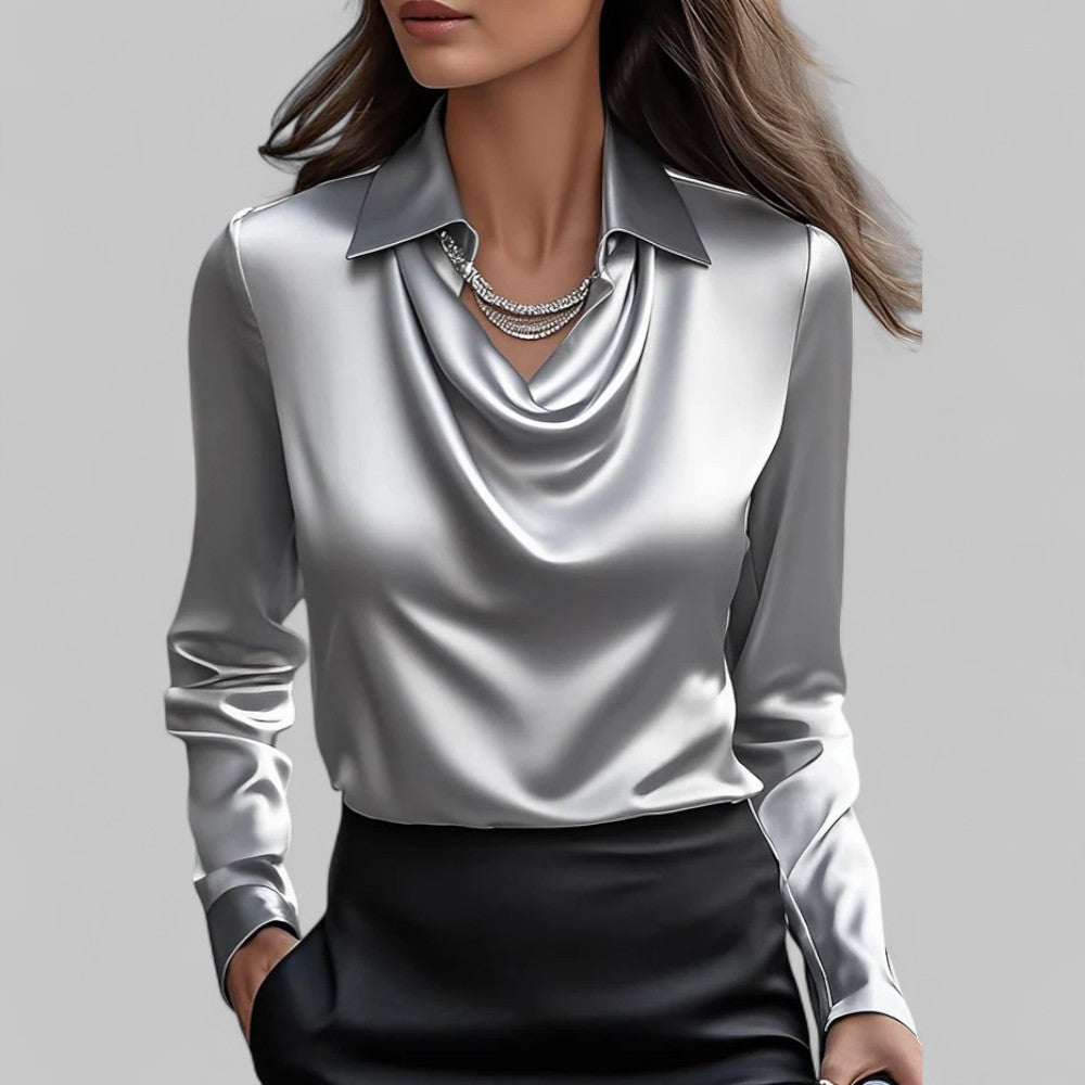 Carlene - Women's Draped Neck Long Sleeve Satin Blouse - Gray
