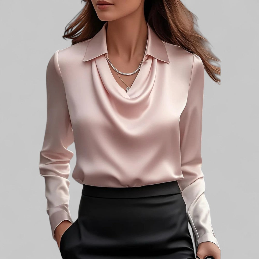 Carlene - Women's Draped Neck Long Sleeve Satin Blouse - Pink