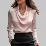 Carlene - Women's Draped Neck Long Sleeve Satin Blouse - Pink