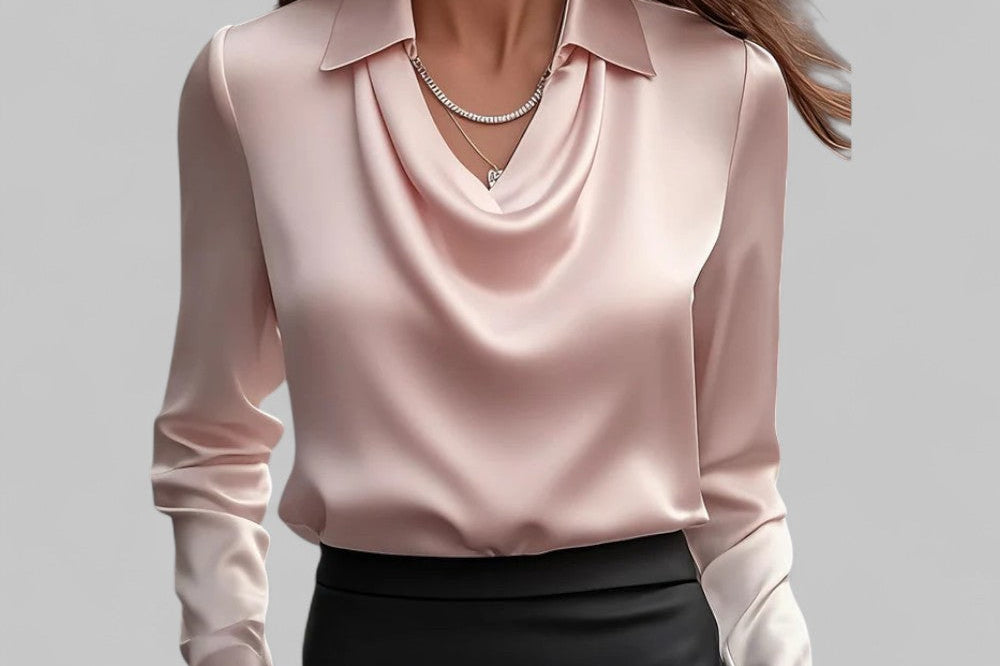 Carlene - Women's Draped Neck Long Sleeve Satin Blouse - Pink
