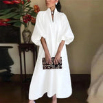 Carol - Women's High Neck Maxi Dress with Balloon Sleeves - White