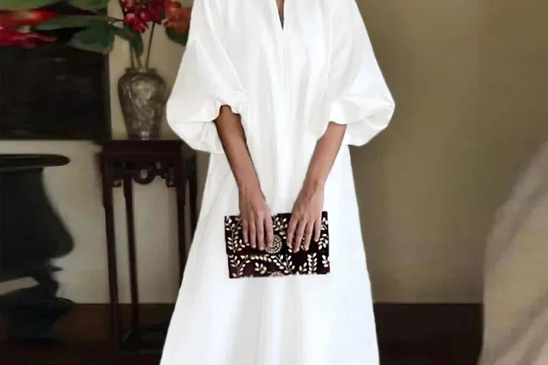 Carol - Women's High Neck Maxi Dress with Balloon Sleeves - White