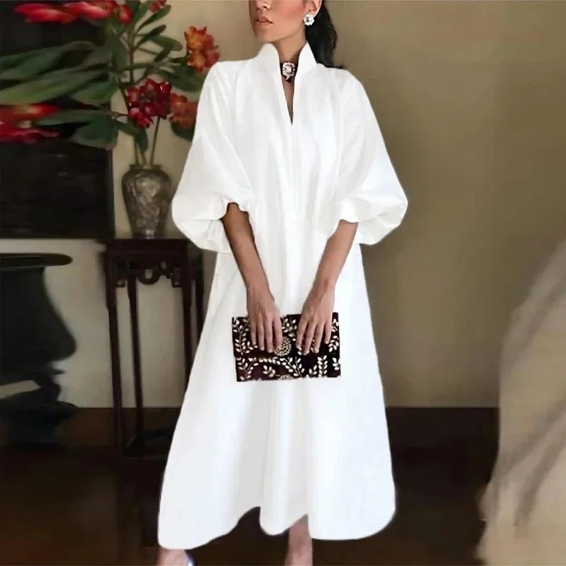 Carol - Women's High Neck Maxi Dress with Balloon Sleeves - White