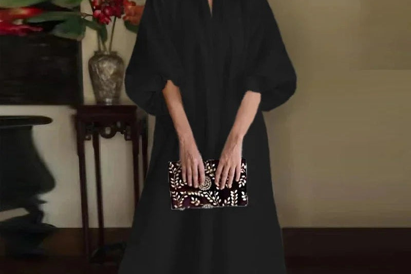 Carol - Women's High Neck Maxi Dress with Balloon Sleeves - Black