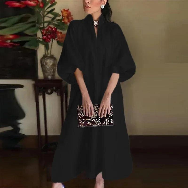 Carol - Women's High Neck Maxi Dress with Balloon Sleeves - Black