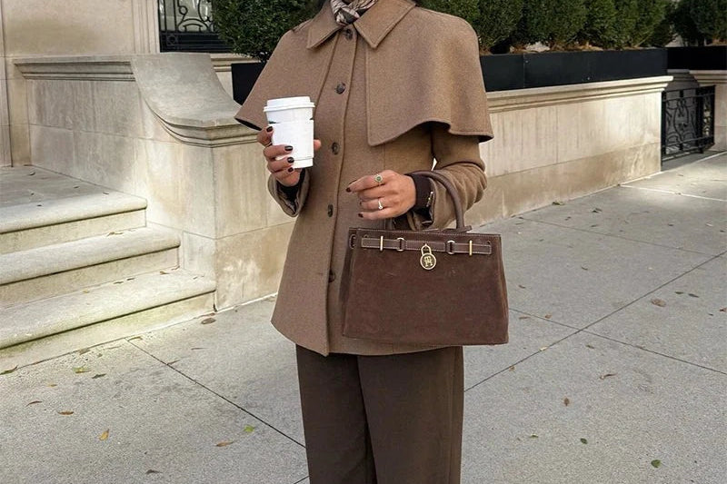 Carolina - Women's Camel Cape Coat with Fitted Waist