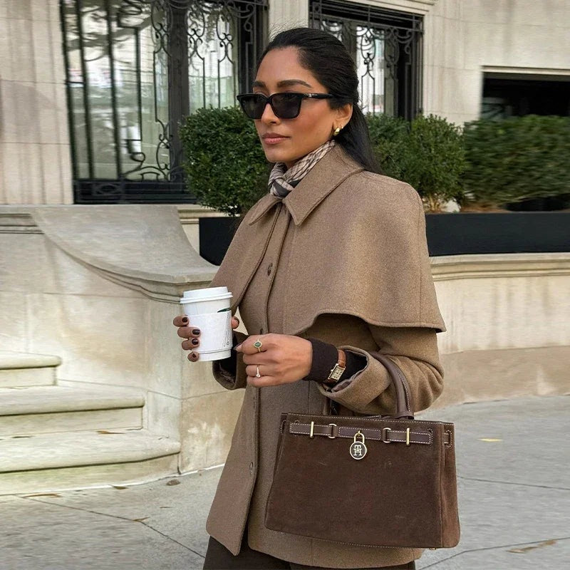 Carolina - Women's Camel Cape Coat with Fitted Waist