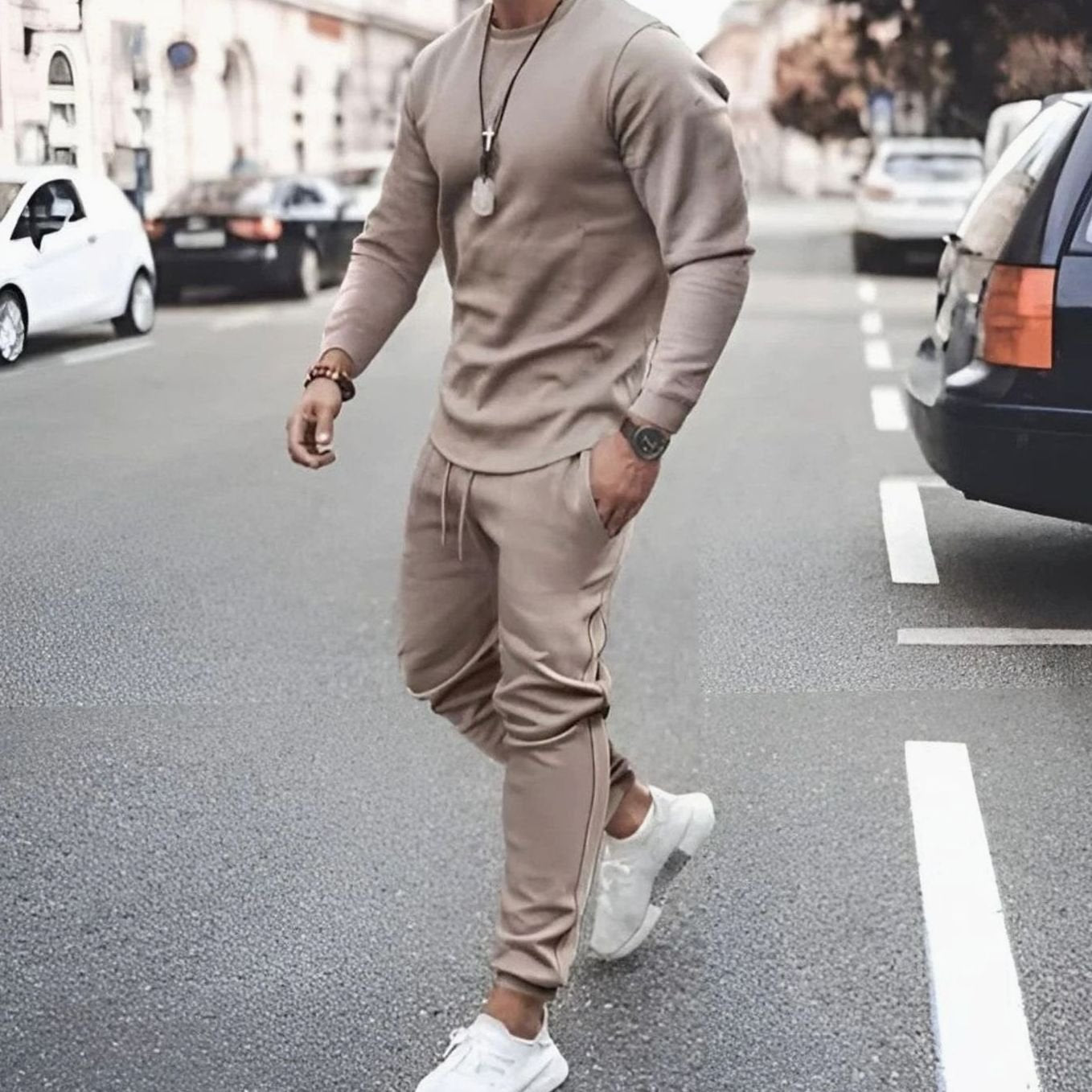 Caspian - Men's Long Sleeve Top and Jogger Set - Beige