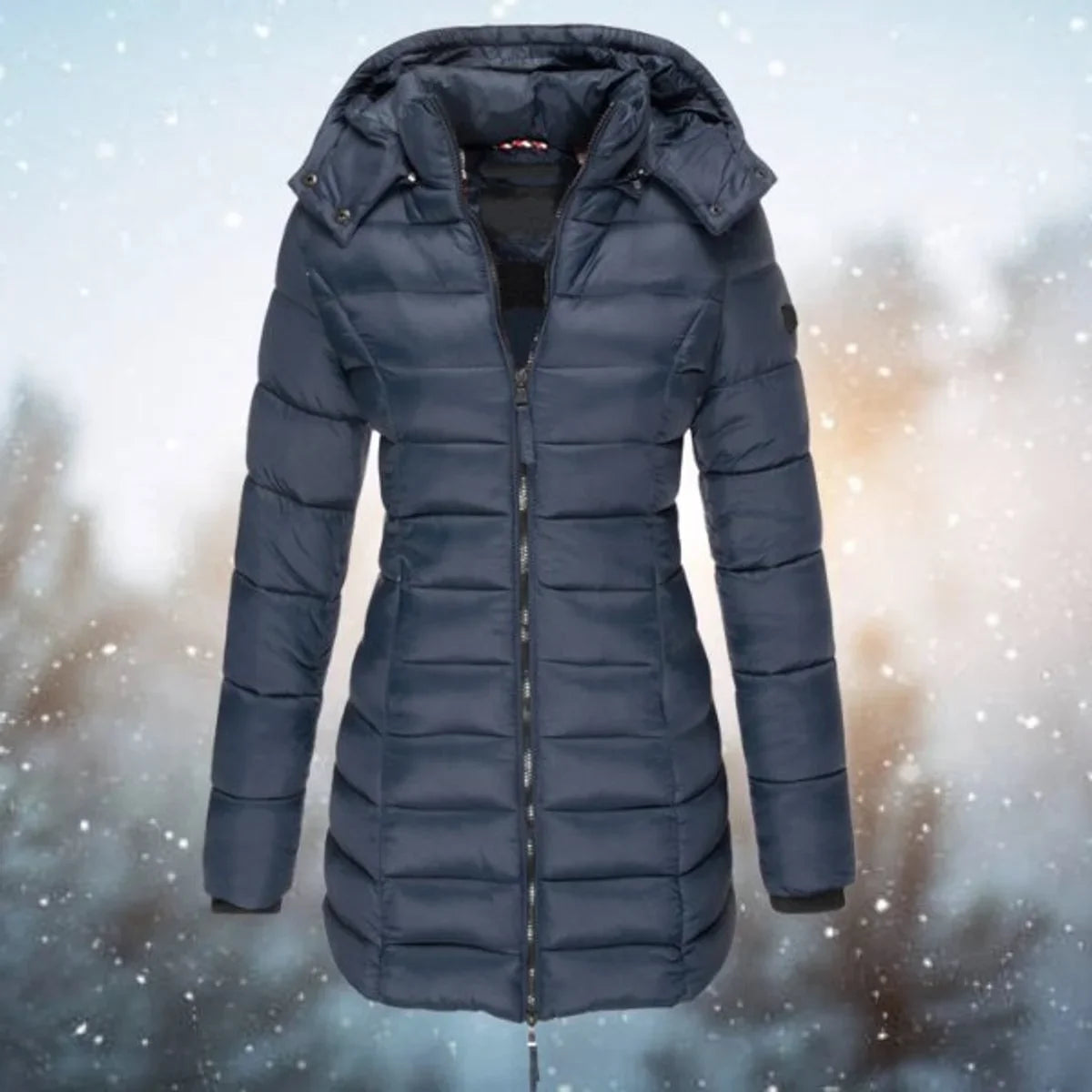 Cassia - Women's Long Quilted Puffer Coat with Hood - Navy