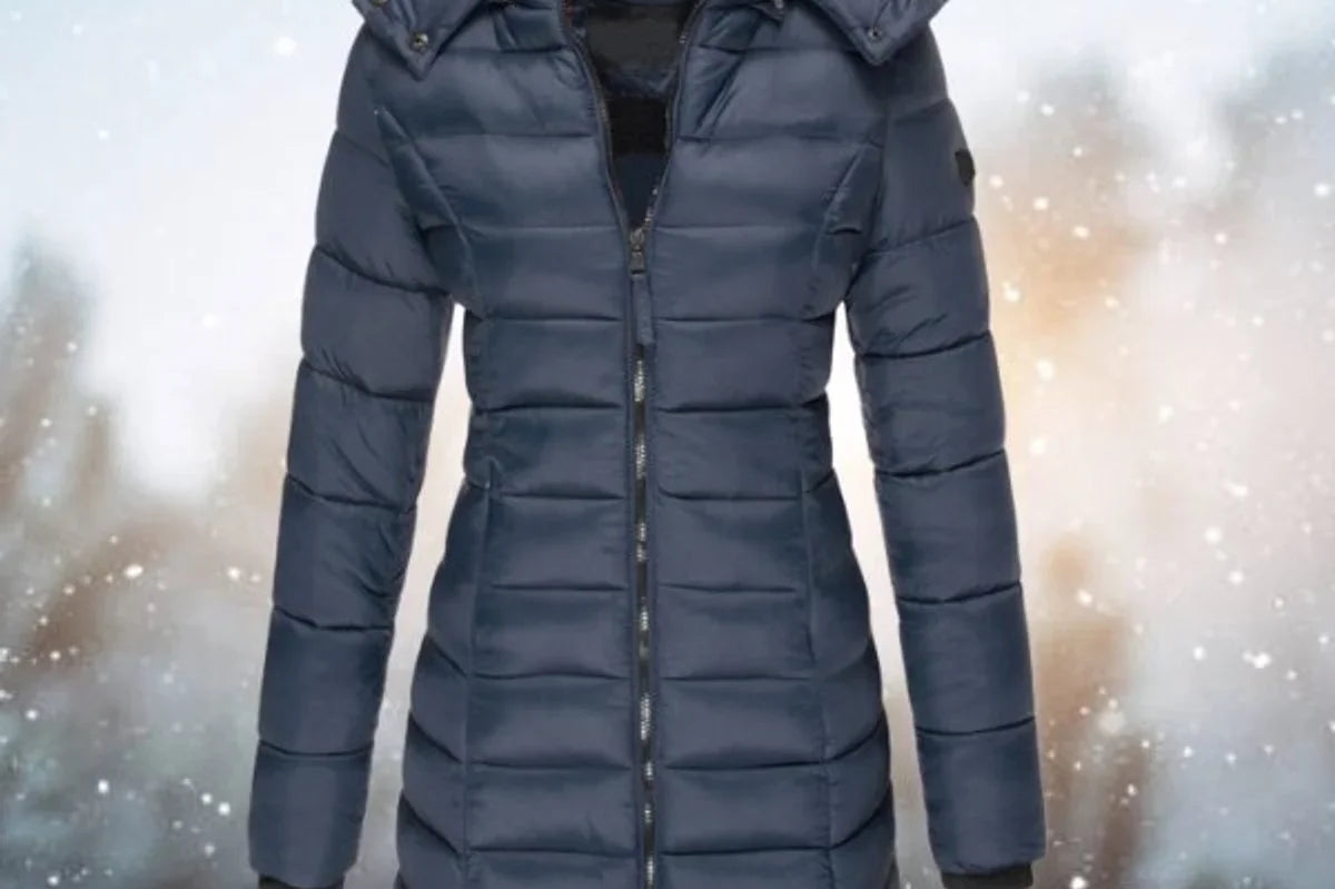 Cassia - Women's Long Quilted Puffer Coat with Hood - Navy