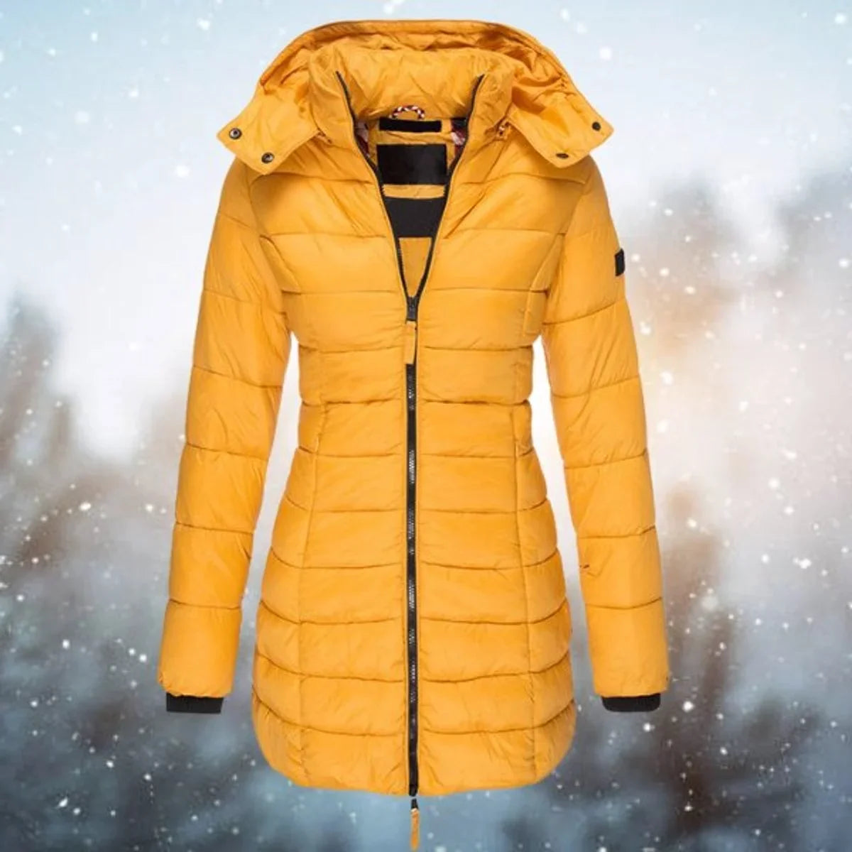 Cassia - Women's Long Quilted Puffer Coat with Hood - Yellow