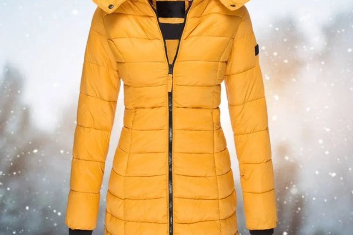 Cassia - Women's Long Quilted Puffer Coat with Hood - Yellow