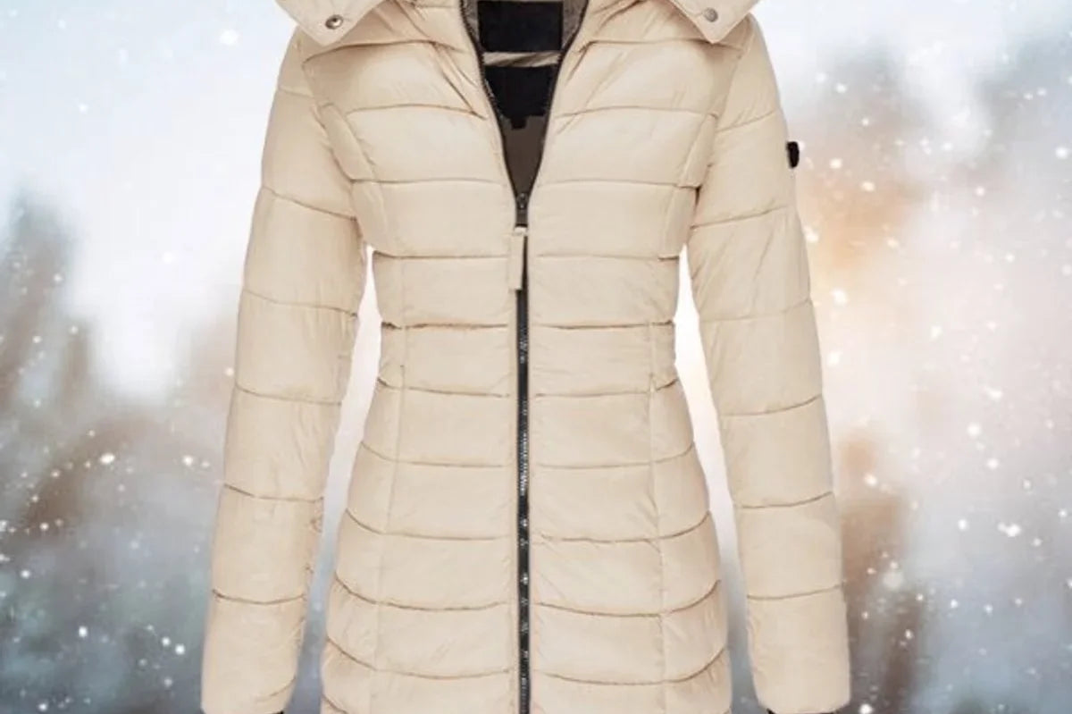 Cassia - Women's Long Quilted Puffer Coat with Hood - Khaki