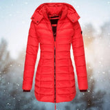 Cassia - Women's Long Quilted Puffer Coat with Hood - Red