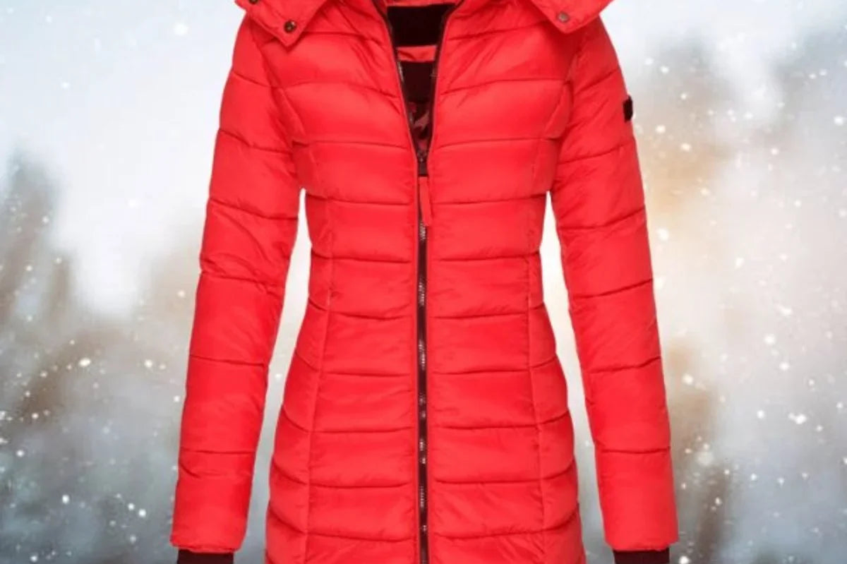 Cassia - Women's Long Quilted Puffer Coat with Hood - Red