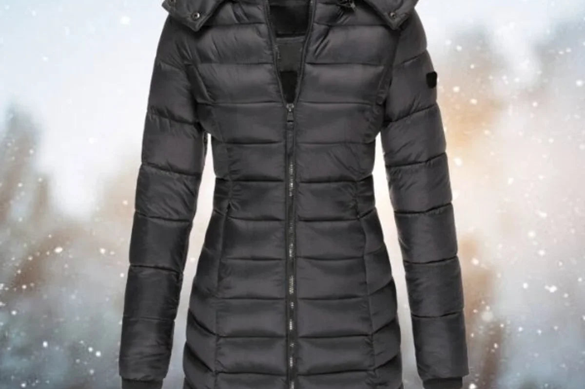 Cassia - Women's Long Quilted Puffer Coat with Hood - Black