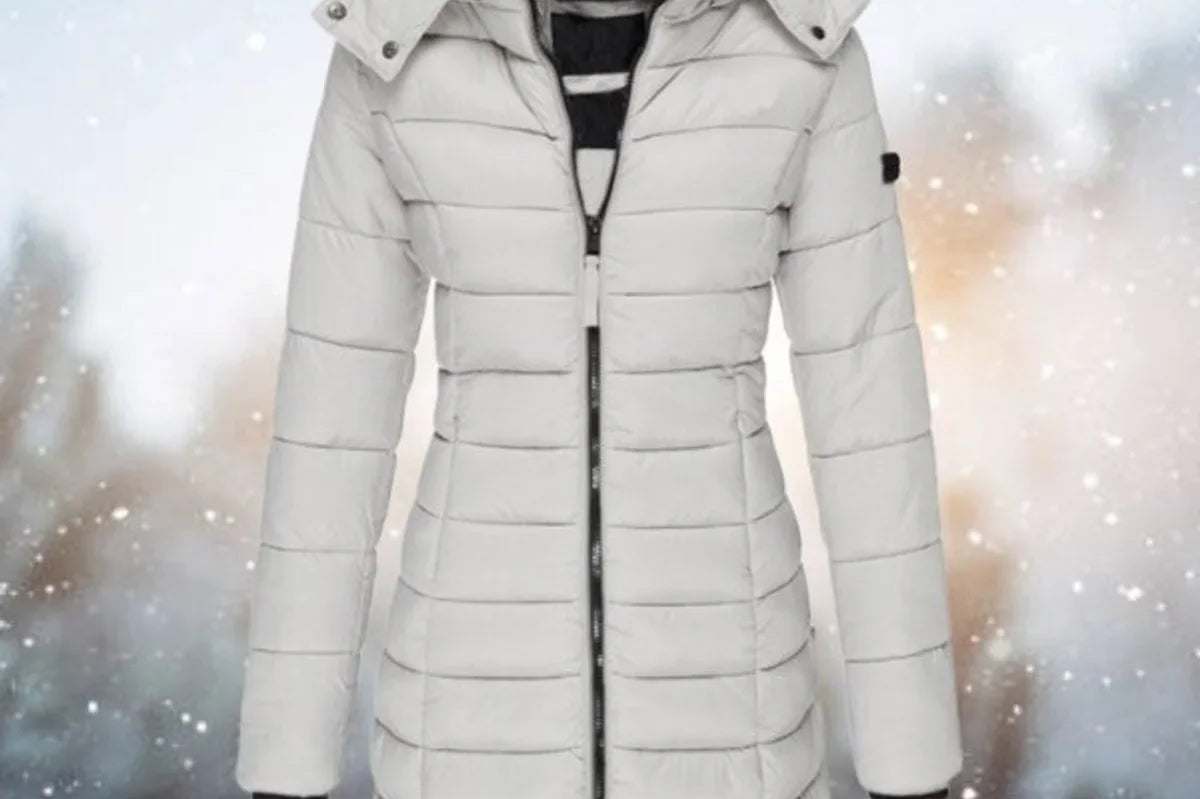 Cassia - Women's Long Quilted Puffer Coat with Hood - Gray